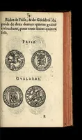 An illustration from Edict du roy portant nouvelle fabrication d'especes d'argent: augmentation du marc d'argent le roy, & des quarts d'escu, testons, & francs aux coins & armes de sa maiesté estans de leur juste poides: & continuation du cours des especes d'argent legers avec le remede des grains, jusques au dernier Mars prochain; & outre un droit de Seigneuriage sur les ouvrages d'Orfeurerie, & Tireurs d'or: Avec un nouvelle evaluation ... (1641)