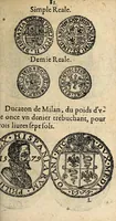 An illustration from Edict du roy portant nouvelle fabrication d'especes d'argent: augmentation du marc d'argent le roy, & des quarts d'escu, testons, & francs aux coins & armes de sa maiesté estans de leur juste poides: & continuation du cours des especes d'argent legers avec le remede des grains, jusques au dernier Mars prochain; & outre un droit de Seigneuriage sur les ouvrages d'Orfeurerie, & Tireurs d'or: Avec un nouvelle evaluation ... (1641)