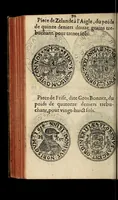 An illustration from Edict du roy portant nouvelle fabrication d'especes d'argent: augmentation du marc d'argent le roy, & des quarts d'escu, testons, & francs aux coins & armes de sa maiesté estans de leur juste poides: & continuation du cours des especes d'argent legers avec le remede des grains, jusques au dernier Mars prochain; & outre un droit de Seigneuriage sur les ouvrages d'Orfeurerie, & Tireurs d'or: Avec un nouvelle evaluation ... (1641)