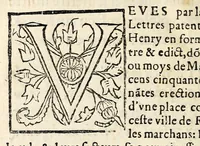 An illustration from Edict du roy sur la creation et establissement en la ville de Rouen, d'une place commune pour les marchans, à la similitude & semblance du change de Lyon, & bourse de Thoulouze : auec permission aux marchans frequentans ladite place, de s'assembler eslire & creer, un prieur & deux co[n]sulz d'entre eux, pour cognoistre & iuger en premiere instance, des proces & differe[n]s, co[n]cernans le faict de marchandise, trafficq, & commerce. (1563)