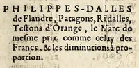 An illustration from Edict dv Roy portant novvelle fabrication d'especes d'argent: augmentation du marc d'argent le Roy, & des quarts d'eseu, testons, & francs aux coins & armes de sa Maiesté estans de leur iuste poids ... auec vne nouuelle eualuation ... (1646)