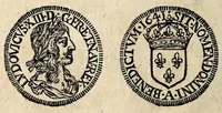 An illustration from Edict dv Roy portant novvelle fabrication d'especes d'argent: augmentation du marc d'argent le Roy, & des quarts d'eseu, testons, & francs aux coins & armes de sa Maiesté estans de leur iuste poids ... auec vne nouuelle eualuation ... (1646)