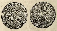 An illustration from Edict dv Roy portant novvelle fabrication d'especes d'argent: augmentation du marc d'argent le Roy, & des quarts d'eseu, testons, & francs aux coins & armes de sa Maiesté estans de leur iuste poids ... auec vne nouuelle eualuation ... (1646)