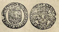 An illustration from Edict dv Roy portant novvelle fabrication d'especes d'argent: augmentation du marc d'argent le Roy, & des quarts d'eseu, testons, & francs aux coins & armes de sa Maiesté estans de leur iuste poids ... auec vne nouuelle eualuation ... (1646)