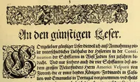 An illustration from Eilffter Theil der Orientalischen Indien, darinnen erstlich begriffenwerden zwo Schiffahrten Herrn Americi Vesputii, welche er auss Befehl Königs Emanuelis von Portugall anno 1501. in Ost Indien vorgenommen. : Zum andern, ein warhafftiger vnd zuvor nie erhörter Bericht eines Englischen, welcher, nach dem er in einem Schiff, die Auffahrt genandt, in Cambaja dem eussersten Theil Ost Indiens Schiffbruchgelidten, zu Land durch viele vnbekandte Königreich vnd grosse Stätte gereiset, vnd was ihme vberall begegnet vnd zuhanden gestossen. Zum dritten, ein historische Beschreibung von Erfindung vnd Beschaffenheit der Landschafft Spitzberg, &c. Item, ein kurtze Erzehlung, was alle andere Fischer Anno 1613. von den Englischen erlidten, neben angehängter Protestation, wider der Engelländer angemassten Erbgerechtigkeit, vber gedachte Landschaft Spitzberg, &c. (1618)