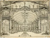An illustration from Eine Collection curieuser Vorstellungen in Illuminationen und Feuer-Wercken : so in denen Jahren 1724 biss 1728 inclusivè, bey Gelegenheit einiger publiquen Festins und Rejouïssances, in Hamburg und mehrentheils auf dem Schau-Platze daselbst, unter der Direction und von der Invention Thomas Lediard's ... sind vorgestellet worden : in sechszehn grossen Kupfer-Platen sauber gestochen, und auff das accurateste abgebildet, nebst derselben besondern, vollkommenen und ausführlichen Beschreibungen, in welchen etliche Hundert dabey vorgestellte Sinn-Bilder, nebst dazu gehörigen Lateinischen, und in Teutschen Versen explicirten, emblematischen, und andern Inscriptionibus und Titeln enthalten (1730)