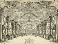An illustration from Eine Collection curieuser Vorstellungen in Illuminationen und Feuer-Wercken : so in denen Jahren 1724 biss 1728 inclusivè, bey Gelegenheit einiger publiquen Festins und Rejouïssances, in Hamburg und mehrentheils auf dem Schau-Platze daselbst, unter der Direction und von der Invention Thomas Lediard's ... sind vorgestellet worden : in sechszehn grossen Kupfer-Platen sauber gestochen, und auff das accurateste abgebildet, nebst derselben besondern, vollkommenen und ausführlichen Beschreibungen, in welchen etliche Hundert dabey vorgestellte Sinn-Bilder, nebst dazu gehörigen Lateinischen, und in Teutschen Versen explicirten, emblematischen, und andern Inscriptionibus und Titeln enthalten (1730)
