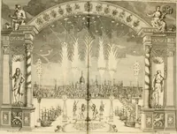 An illustration from Eine Collection curieuser Vorstellungen in Illuminationen und Feuer-Wercken : so in denen Jahren 1724 biss 1728 inclusivè, bey Gelegenheit einiger publiquen Festins und Rejouïssances, in Hamburg und mehrentheils auf dem Schau-Platze daselbst, unter der Direction und von der Invention Thomas Lediard's ... sind vorgestellet worden : in sechszehn grossen Kupfer-Platen sauber gestochen, und auff das accurateste abgebildet, nebst derselben besondern, vollkommenen und ausführlichen Beschreibungen, in welchen etliche Hundert dabey vorgestellte Sinn-Bilder, nebst dazu gehörigen Lateinischen, und in Teutschen Versen explicirten, emblematischen, und andern Inscriptionibus und Titeln enthalten (1730)