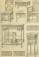 An illustration from Elements of style in furniture and woodwork, being a series of details of the Italian, German Renaissance, Elizabethan, Louis XIVth, Louis XVth, Louis XVIth, Sheraton, Adams, Empire, Chinese, Japanese, and Moresque styles ... for the use of architects, furniture designers, cabinet makers and others (1889)
