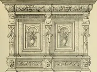An illustration from Elements of style in furniture and woodwork, being a series of details of the Italian, German Renaissance, Elizabethan, Louis XIVth, Louis XVth, Louis XVIth, Sheraton, Adams, Empire, Chinese, Japanese, and Moresque styles ... for the use of architects, furniture designers, cabinet makers and others (1889)