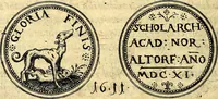 An illustration from Emblemata anniversaria Academiae Noribergensis, qvae est Altorffii: stvdiorum juventutis exercitandorum caussâ inde ab ann. Christi CD D LXXVII usq; ad annum CD D CXVI proposita; oratiunculis eruditis & nervosis in panegyribus academicis explicata (1617)