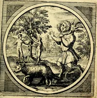 An illustration from Emblemata moralia nova, das ist: achtzig Sinnreiche nachdenckliche Figuren auss heyliger Schrifft in Kupfferstücken fürgestellet, worinnen schöne Anweisungen zu wahrer Gottesforcht begrieffen ... mit Lateinischen und Teutschen, nachmals aber von M.C.R. mit Frantzösischen und Italianischen Versen erkläret .. (1630)