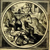 An illustration from Emblemata moralia nova, das ist: achtzig Sinnreiche nachdenckliche Figuren auss heyliger Schrifft in Kupfferstücken fürgestellet, worinnen schöne Anweisungen zu wahrer Gottesforcht begrieffen ... mit Lateinischen und Teutschen, nachmals aber von M.C.R. mit Frantzösischen und Italianischen Versen erkläret .. (1630)
