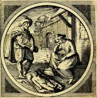 An illustration from Emblemata moralia nova, das ist: achtzig Sinnreiche nachdenckliche Figuren auss heyliger Schrifft in Kupfferstücken fürgestellet, worinnen schöne Anweisungen zu wahrer Gottesforcht begrieffen ... mit Lateinischen und Teutschen, nachmals aber von M.C.R. mit Frantzösischen und Italianischen Versen erkläret .. (1630)