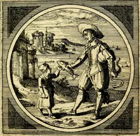 An illustration from Emblemata moralia nova, das ist: achtzig Sinnreiche nachdenckliche Figuren auss heyliger Schrifft in Kupfferstücken fürgestellet, worinnen schöne Anweisungen zu wahrer Gottesforcht begrieffen ... mit Lateinischen und Teutschen, nachmals aber von M.C.R. mit Frantzösischen und Italianischen Versen erkläret .. (1630)