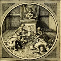 An illustration from Emblemata moralia nova, das ist: achtzig Sinnreiche nachdenckliche Figuren auss heyliger Schrifft in Kupfferstücken fürgestellet, worinnen schöne Anweisungen zu wahrer Gottesforcht begrieffen ... mit Lateinischen und Teutschen, nachmals aber von M.C.R. mit Frantzösischen und Italianischen Versen erkläret .. (1630)