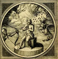 An illustration from Emblemata moralia nova, das ist: achtzig Sinnreiche nachdenckliche Figuren auss heyliger Schrifft in Kupfferstücken fürgestellet, worinnen schöne Anweisungen zu wahrer Gottesforcht begrieffen ... mit Lateinischen und Teutschen, nachmals aber von M.C.R. mit Frantzösischen und Italianischen Versen erkläret .. (1630)
