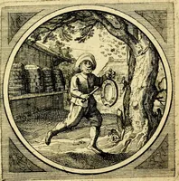 An illustration from Emblemata moralia nova, das ist: achtzig Sinnreiche nachdenckliche Figuren auss heyliger Schrifft in Kupfferstücken fürgestellet, worinnen schöne Anweisungen zu wahrer Gottesforcht begrieffen ... mit Lateinischen und Teutschen, nachmals aber von M.C.R. mit Frantzösischen und Italianischen Versen erkläret .. (1630)