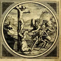 An illustration from Emblemata moralia nova, das ist: achtzig Sinnreiche nachdenckliche Figuren auss heyliger Schrifft in Kupfferstücken fürgestellet, worinnen schöne Anweisungen zu wahrer Gottesforcht begrieffen ... mit Lateinischen und Teutschen, nachmals aber von M.C.R. mit Frantzösischen und Italianischen Versen erkläret .. (1630)