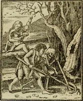 Picture 6 of 51 from Emblems of mortality : representing, in upwards of fifty cuts, Death seizing all ranks and degrees of people : imitated from a painting in the cemetery of the Dominican church at Basil, in Switzerland : with an apostrophe to each, translated from the Latin and French : intended as well for the infomation of the curious, as the instruction and entertainment of youth : to which is prefixed a copious preface, containing an historical account of the above, and other paintings on this subject, now or lately existing in divers parts of Europe (1789), leaf 43