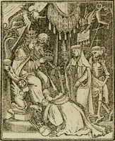 An illustration from Emblems of mortality : representing, in upwards of fifty cuts, Death seizing all ranks and degrees of people : imitated from a painting in the cemetery of the Dominican church at Basil, in Switzerland : with an apostrophe to each, translated from the Latin and French : intended as well for the infomation of the curious, as the instruction and entertainment of youth : to which is prefixed a copious preface, containing an historical account of the above, and other paintings on this subject, now or lately existing in divers parts of Europe (1789)