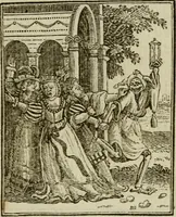 Picture 13 of 51 from Emblems of mortality : representing, in upwards of fifty cuts, Death seizing all ranks and degrees of people : imitated from a painting in the cemetery of the Dominican church at Basil, in Switzerland : with an apostrophe to each, translated from the Latin and French : intended as well for the infomation of the curious, as the instruction and entertainment of youth : to which is prefixed a copious preface, containing an historical account of the above, and other paintings on this subject, now or lately existing in divers parts of Europe (1789), leaf 50