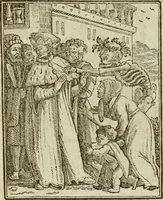 An illustration from Emblems of mortality : representing, in upwards of fifty cuts, Death seizing all ranks and degrees of people : imitated from a painting in the cemetery of the Dominican church at Basil, in Switzerland : with an apostrophe to each, translated from the Latin and French : intended as well for the infomation of the curious, as the instruction and entertainment of youth : to which is prefixed a copious preface, containing an historical account of the above, and other paintings on this subject, now or lately existing in divers parts of Europe (1789)