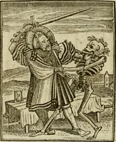 Picture 18 of 51 from Emblems of mortality : representing, in upwards of fifty cuts, Death seizing all ranks and degrees of people : imitated from a painting in the cemetery of the Dominican church at Basil, in Switzerland : with an apostrophe to each, translated from the Latin and French : intended as well for the infomation of the curious, as the instruction and entertainment of youth : to which is prefixed a copious preface, containing an historical account of the above, and other paintings on this subject, now or lately existing in divers parts of Europe (1789), leaf 55