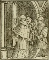 Picture 19 of 51 from Emblems of mortality : representing, in upwards of fifty cuts, Death seizing all ranks and degrees of people : imitated from a painting in the cemetery of the Dominican church at Basil, in Switzerland : with an apostrophe to each, translated from the Latin and French : intended as well for the infomation of the curious, as the instruction and entertainment of youth : to which is prefixed a copious preface, containing an historical account of the above, and other paintings on this subject, now or lately existing in divers parts of Europe (1789), leaf 56