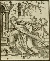 Picture 25 of 51 from Emblems of mortality : representing, in upwards of fifty cuts, Death seizing all ranks and degrees of people : imitated from a painting in the cemetery of the Dominican church at Basil, in Switzerland : with an apostrophe to each, translated from the Latin and French : intended as well for the infomation of the curious, as the instruction and entertainment of youth : to which is prefixed a copious preface, containing an historical account of the above, and other paintings on this subject, now or lately existing in divers parts of Europe (1789), leaf 62