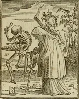 Picture 27 of 51 from Emblems of mortality : representing, in upwards of fifty cuts, Death seizing all ranks and degrees of people : imitated from a painting in the cemetery of the Dominican church at Basil, in Switzerland : with an apostrophe to each, translated from the Latin and French : intended as well for the infomation of the curious, as the instruction and entertainment of youth : to which is prefixed a copious preface, containing an historical account of the above, and other paintings on this subject, now or lately existing in divers parts of Europe (1789), leaf 64