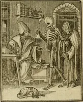 Picture 28 of 51 from Emblems of mortality : representing, in upwards of fifty cuts, Death seizing all ranks and degrees of people : imitated from a painting in the cemetery of the Dominican church at Basil, in Switzerland : with an apostrophe to each, translated from the Latin and French : intended as well for the infomation of the curious, as the instruction and entertainment of youth : to which is prefixed a copious preface, containing an historical account of the above, and other paintings on this subject, now or lately existing in divers parts of Europe (1789), leaf 65