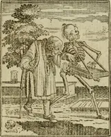 Picture 33 of 51 from Emblems of mortality : representing, in upwards of fifty cuts, Death seizing all ranks and degrees of people : imitated from a painting in the cemetery of the Dominican church at Basil, in Switzerland : with an apostrophe to each, translated from the Latin and French : intended as well for the infomation of the curious, as the instruction and entertainment of youth : to which is prefixed a copious preface, containing an historical account of the above, and other paintings on this subject, now or lately existing in divers parts of Europe (1789), leaf 72