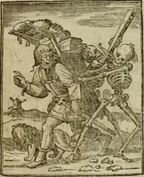 Picture 37 of 51 from Emblems of mortality : representing, in upwards of fifty cuts, Death seizing all ranks and degrees of people : imitated from a painting in the cemetery of the Dominican church at Basil, in Switzerland : with an apostrophe to each, translated from the Latin and French : intended as well for the infomation of the curious, as the instruction and entertainment of youth : to which is prefixed a copious preface, containing an historical account of the above, and other paintings on this subject, now or lately existing in divers parts of Europe (1789), leaf 76