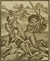 Picture 40 of 51 from Emblems of mortality : representing, in upwards of fifty cuts, Death seizing all ranks and degrees of people : imitated from a painting in the cemetery of the Dominican church at Basil, in Switzerland : with an apostrophe to each, translated from the Latin and French : intended as well for the infomation of the curious, as the instruction and entertainment of youth : to which is prefixed a copious preface, containing an historical account of the above, and other paintings on this subject, now or lately existing in divers parts of Europe (1789), leaf 79