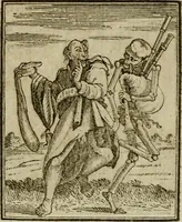 Picture 43 of 51 from Emblems of mortality : representing, in upwards of fifty cuts, Death seizing all ranks and degrees of people : imitated from a painting in the cemetery of the Dominican church at Basil, in Switzerland : with an apostrophe to each, translated from the Latin and French : intended as well for the infomation of the curious, as the instruction and entertainment of youth : to which is prefixed a copious preface, containing an historical account of the above, and other paintings on this subject, now or lately existing in divers parts of Europe (1789), leaf 82