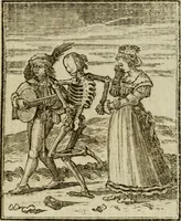 An illustration from Emblems of mortality : representing, in upwards of fifty cuts, Death seizing all ranks and degrees of people : imitated from a painting in the cemetery of the Dominican church at Basil, in Switzerland : with an apostrophe to each, translated from the Latin and French : intended as well for the infomation of the curious, as the instruction and entertainment of youth : to which is prefixed a copious preface, containing an historical account of the above, and other paintings on this subject, now or lately existing in divers parts of Europe (1789)