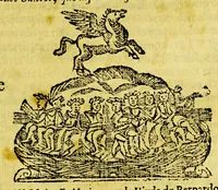 An illustration from Empressa metrica, decifrada en numeros, y alegorizada en symbolos. : Que excitò à los cisnes de Apolo, para que librando en sus futiles plumas, y dulces voces los buelos, y las armonias, decantassen à la mas sagrada Uesta Maria Santissima con el fuego de la gracia original en el muy honorifico templo, que con titulo de la Concepcion le dedicò el mas Carholico Romulo de la America el excelentissimo señor D. Fernando Cortes de Monrroy, primier Marques del Valle. Y à los diez y seis lustros de començado renovò sus estrenos la devocion de Iesus Nazareno N. Señor. En diez de otubre de 1665. Dedicalo al Exmo. señor D. Hector de Aragon Pinatelo, Duque de Terra-Nova, principe de Castil-Veltrano, Marques del Valle, de Acula, y de Fabara, Conde de Uurgueto, &c. patron de dicho templo. (1665)