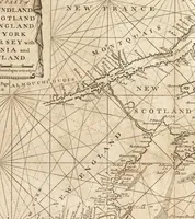 An illustration from The English pilot. [cartographic material] : The fourth book. Describing The West-India navigation, from Hudson's Bay to the River Amazones. Particularly delineating The Sea Coasts, Capes, Headlands, Rivers, Bays, Roads, Havens, Harbours, Streights, Rocks, Sands, Shoals, Banks, Depths of Water, and Anchorage, with all the Islands therein, as Jamaica, Cuba, Hispaniola, Barbadoes, Antigua, Bermudas, Porto Rico, and the rest of the Caribbee and Bahama Islands. Also, A new Description of Newfoundland, New England, New York, East and West New- Jersey, Dellawar Bay, Virginia, Maryland, Carolina. showing, The Courses and Distances from one Place to another; the Ebbing and Flowing of the Sea, the Setting of the Tides and Currents, &c. With many other Things necessary to be known in Navigation. (1775)