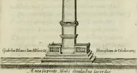 An illustration from Epigrammata Gvilielmi Blanci albiensis ivrisconsvlti in obeliscvm : mirae magnitudinis ex Aegypto quondam à Caio Caligula Romam aduectum, & deinde in Circo Vaticano erectum : iamq. ruderibus penè obrutum in mediam S. Petri aream à Sixto V. Pont. Max. translatum, & superimposita Cruce Christianae Religioni dedicatum : accesserunt ad S.D.N. Sixtvm V. Pont. Max. aliquot eiusdem Blanci anagrammata & epigrammata : cum libello de ratione anagrammatismi ad lectorem (1586)