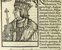 An illustration from Epitome regii ac vetvstissimi ortus sacrae caesarae ac Catholic̜e maiestatis, serenissimi quoq[ue] principis & domini, Dn. Ferdinandi, Vngariae ac Bohemiae regis, omniumq[ue] archiducum Austriae, ac Habsburgensium comitum (1530)