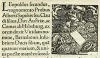 An illustration from Epitome regii ac vetvstissimi ortus sacrae caesarae ac Catholic̜e maiestatis, serenissimi quoq[ue] principis & domini, Dn. Ferdinandi, Vngariae ac Bohemiae regis, omniumq[ue] archiducum Austriae, ac Habsburgensium comitum (1530)