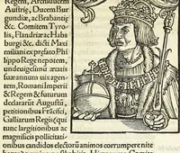 An illustration from Epitome regii ac vetvstissimi ortus sacrae caesarae ac Catholic̜e maiestatis, serenissimi quoq[ue] principis & domini, Dn. Ferdinandi, Vngariae ac Bohemiae regis, omniumq[ue] archiducum Austriae, ac Habsburgensium comitum (1530)