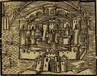 An illustration from Erste Theil der Hoffhaltung des Türckhischen Keysers vnd Othomañischen Reichs Beschreibung : darinn nicht allein der Türcken Empter ... sonder auch aller Türckischen Keysern Namen, Thaten, Krieg vnd Handel, so sie wider die Christen vnd Heyden haben verbracht, biss auff diss M.D.LXXVIII. Jar erstreckt vnd aussgeführet, auff das fleissigst verzeichnet vnd beschrieben : dessgleichen von der Türcken Aberglauben, Religion, Gottesdienst vnd Ceremonien ... : der ander Theil, wahrhaffte Beschreibung aller namhafften Geschichten, Thaten, Handlungen, Krieg ... so sich zwischen den Turcken vnd Christen vom Jar M.D.XX. biss auff das M.D.LXXVIII. Jar ... haben verloffen vnd zugetragen (1578)