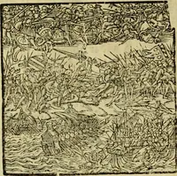 An illustration from Erste Theil der Hoffhaltung des Türckhischen Keysers vnd Othomañischen Reichs Beschreibung : darinn nicht allein der Türcken Empter ... sonder auch aller Türckischen Keysern Namen, Thaten, Krieg vnd Handel, so sie wider die Christen vnd Heyden haben verbracht, biss auff diss M.D.LXXVIII. Jar erstreckt vnd aussgeführet, auff das fleissigst verzeichnet vnd beschrieben : dessgleichen von der Türcken Aberglauben, Religion, Gottesdienst vnd Ceremonien ... : der ander Theil, wahrhaffte Beschreibung aller namhafften Geschichten, Thaten, Handlungen, Krieg ... so sich zwischen den Turcken vnd Christen vom Jar M.D.XX. biss auff das M.D.LXXVIII. Jar ... haben verloffen vnd zugetragen (1578)