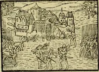 An illustration from Erste Theil der Hoffhaltung des Türckhischen Keysers vnd Othomañischen Reichs Beschreibung : darinn nicht allein der Türcken Empter ... sonder auch aller Türckischen Keysern Namen, Thaten, Krieg vnd Handel, so sie wider die Christen vnd Heyden haben verbracht, biss auff diss M.D.LXXVIII. Jar erstreckt vnd aussgeführet, auff das fleissigst verzeichnet vnd beschrieben : dessgleichen von der Türcken Aberglauben, Religion, Gottesdienst vnd Ceremonien ... : der ander Theil, wahrhaffte Beschreibung aller namhafften Geschichten, Thaten, Handlungen, Krieg ... so sich zwischen den Turcken vnd Christen vom Jar M.D.XX. biss auff das M.D.LXXVIII. Jar ... haben verloffen vnd zugetragen (1578)