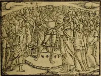 An illustration from Erste Theil der Hoffhaltung des Türckhischen Keysers vnd Othomañischen Reichs Beschreibung : darinn nicht allein der Türcken Empter ... sonder auch aller Türckischen Keysern Namen, Thaten, Krieg vnd Handel, so sie wider die Christen vnd Heyden haben verbracht, biss auff diss M.D.LXXVIII. Jar erstreckt vnd aussgeführet, auff das fleissigst verzeichnet vnd beschrieben : dessgleichen von der Türcken Aberglauben, Religion, Gottesdienst vnd Ceremonien ... : der ander Theil, wahrhaffte Beschreibung aller namhafften Geschichten, Thaten, Handlungen, Krieg ... so sich zwischen den Turcken vnd Christen vom Jar M.D.XX. biss auff das M.D.LXXVIII. Jar ... haben verloffen vnd zugetragen (1578)