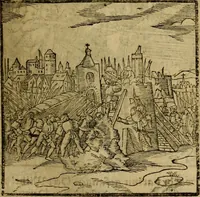 An illustration from Erste Theil der Hoffhaltung des Türckhischen Keysers vnd Othomañischen Reichs Beschreibung : darinn nicht allein der Türcken Empter ... sonder auch aller Türckischen Keysern Namen, Thaten, Krieg vnd Handel, so sie wider die Christen vnd Heyden haben verbracht, biss auff diss M.D.LXXVIII. Jar erstreckt vnd aussgeführet, auff das fleissigst verzeichnet vnd beschrieben : dessgleichen von der Türcken Aberglauben, Religion, Gottesdienst vnd Ceremonien ... : der ander Theil, wahrhaffte Beschreibung aller namhafften Geschichten, Thaten, Handlungen, Krieg ... so sich zwischen den Turcken vnd Christen vom Jar M.D.XX. biss auff das M.D.LXXVIII. Jar ... haben verloffen vnd zugetragen (1578)