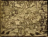 An illustration from Erste Theil der Hoffhaltung des Türckhischen Keysers vnd Othomañischen Reichs Beschreibung : darinn nicht allein der Türcken Empter ... sonder auch aller Türckischen Keysern Namen, Thaten, Krieg vnd Handel, so sie wider die Christen vnd Heyden haben verbracht, biss auff diss M.D.LXXVIII. Jar erstreckt vnd aussgeführet, auff das fleissigst verzeichnet vnd beschrieben : dessgleichen von der Türcken Aberglauben, Religion, Gottesdienst vnd Ceremonien ... : der ander Theil, wahrhaffte Beschreibung aller namhafften Geschichten, Thaten, Handlungen, Krieg ... so sich zwischen den Turcken vnd Christen vom Jar M.D.XX. biss auff das M.D.LXXVIII. Jar ... haben verloffen vnd zugetragen (1578)