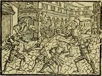An illustration from Erste Theil der Hoffhaltung des Türckhischen Keysers vnd Othomañischen Reichs Beschreibung : darinn nicht allein der Türcken Empter ... sonder auch aller Türckischen Keysern Namen, Thaten, Krieg vnd Handel, so sie wider die Christen vnd Heyden haben verbracht, biss auff diss M.D.LXXVIII. Jar erstreckt vnd aussgeführet, auff das fleissigst verzeichnet vnd beschrieben : dessgleichen von der Türcken Aberglauben, Religion, Gottesdienst vnd Ceremonien ... : der ander Theil, wahrhaffte Beschreibung aller namhafften Geschichten, Thaten, Handlungen, Krieg ... so sich zwischen den Turcken vnd Christen vom Jar M.D.XX. biss auff das M.D.LXXVIII. Jar ... haben verloffen vnd zugetragen (1578)